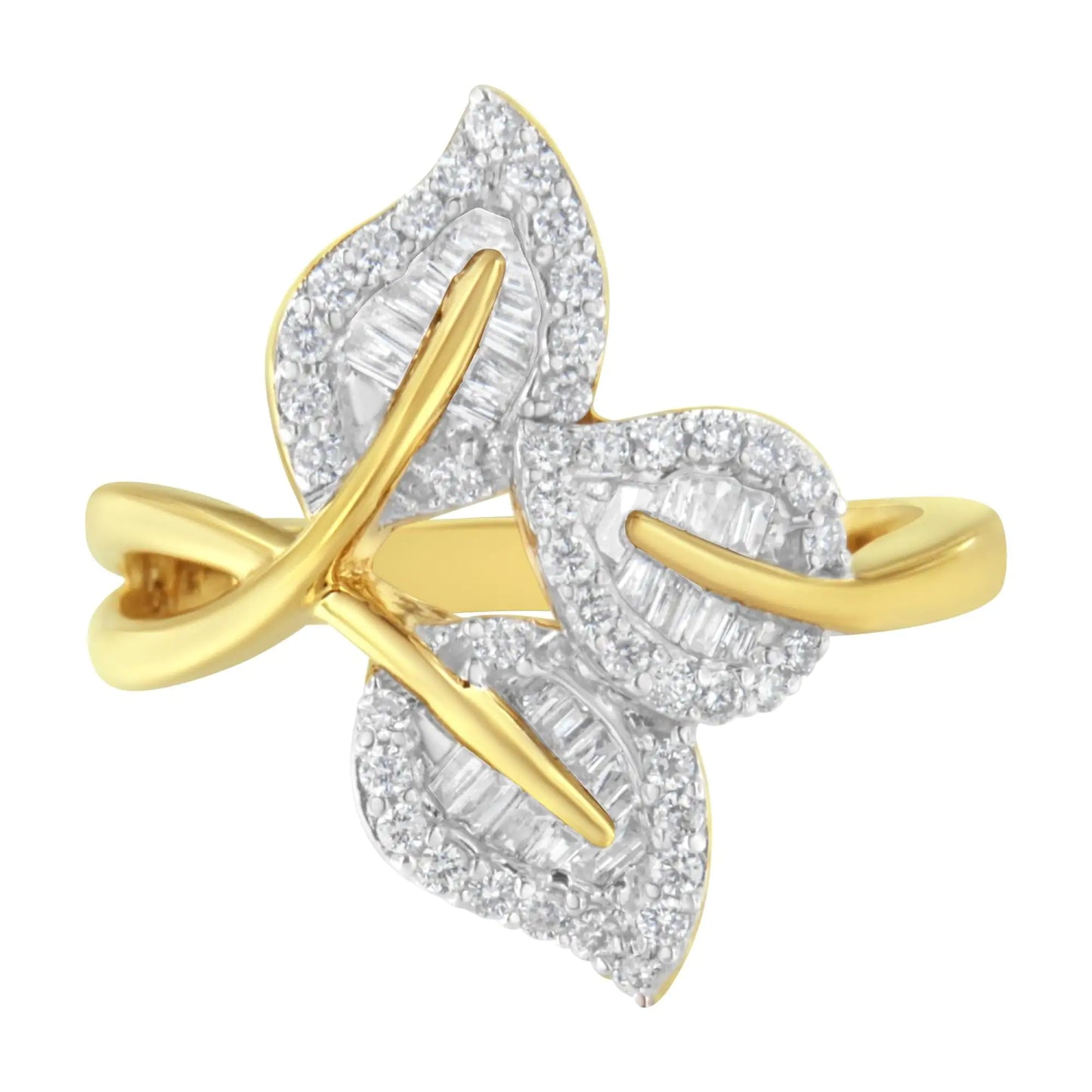 18K Yellow and White Gold Plated .925 Sterling Silver 3/8 Cttw Baguette and Round Diamond Bypass Triple Leaf Ring