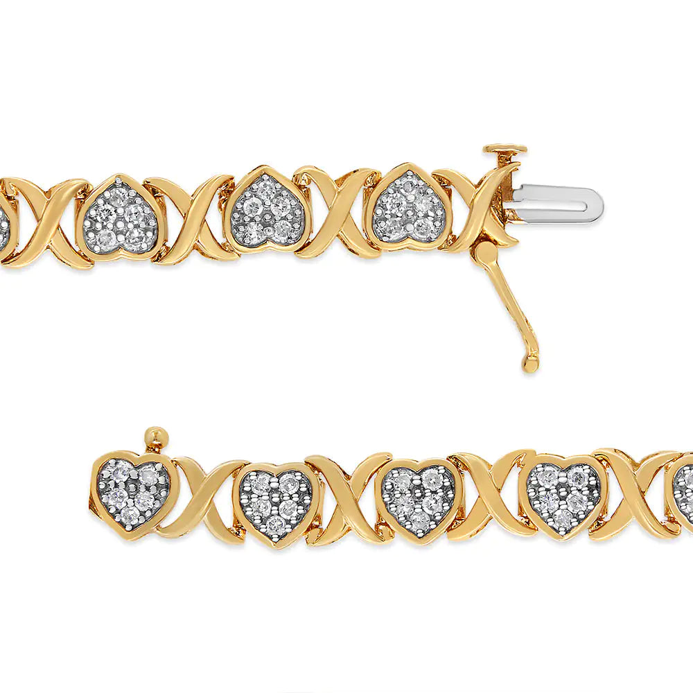 14KY Yellow Gold Plated .925 Sterling Silver 1.00 Cttw Diamond Heart and X Link Bracelet - 7.25" Inches