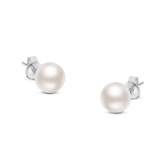 14K Gold Round White Saltwater Akoya Cultured Pearl Stud Earrings