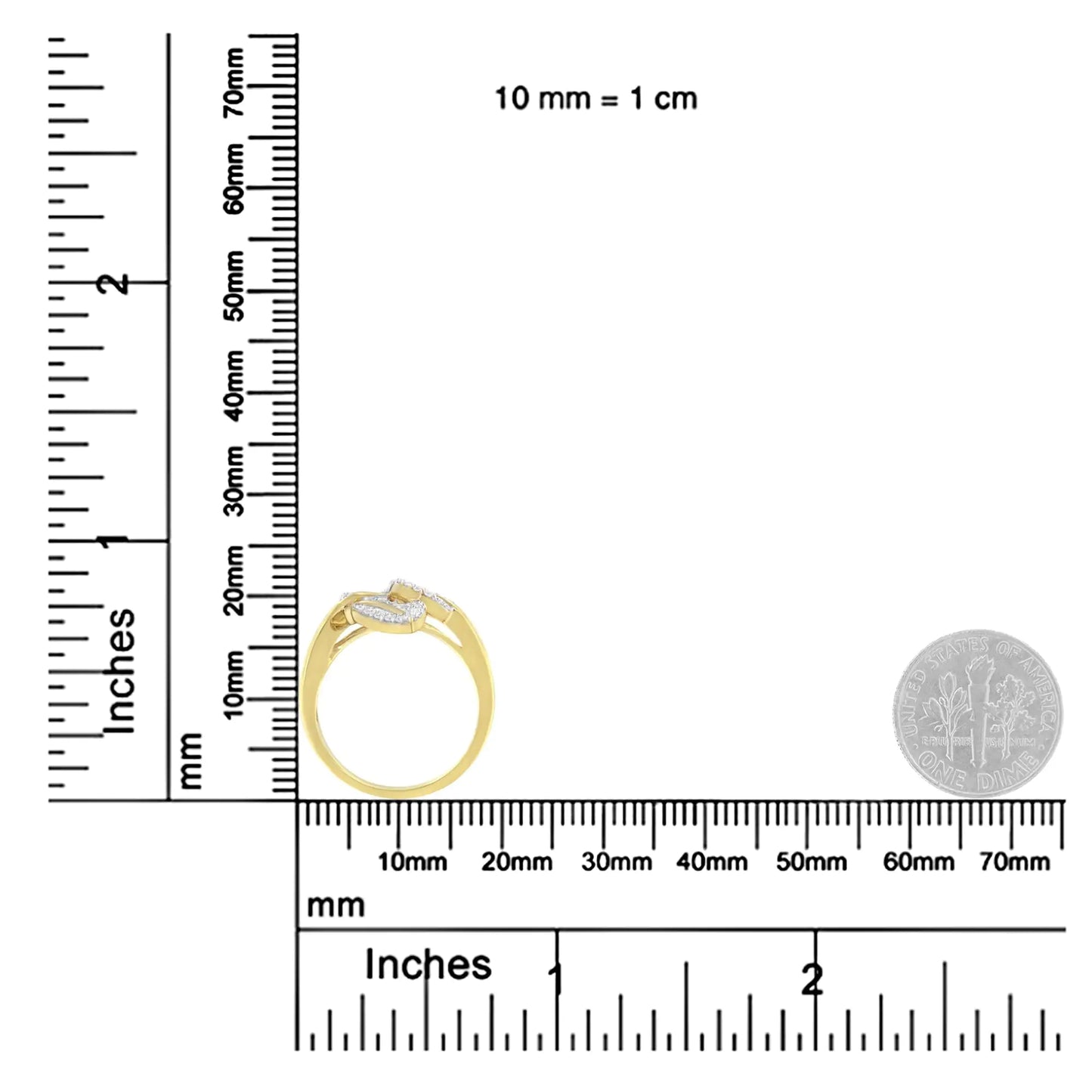 18K Yellow and White Gold Plated .925 Sterling Silver 3/8 Cttw Baguette and Round Diamond Bypass Triple Leaf Ring