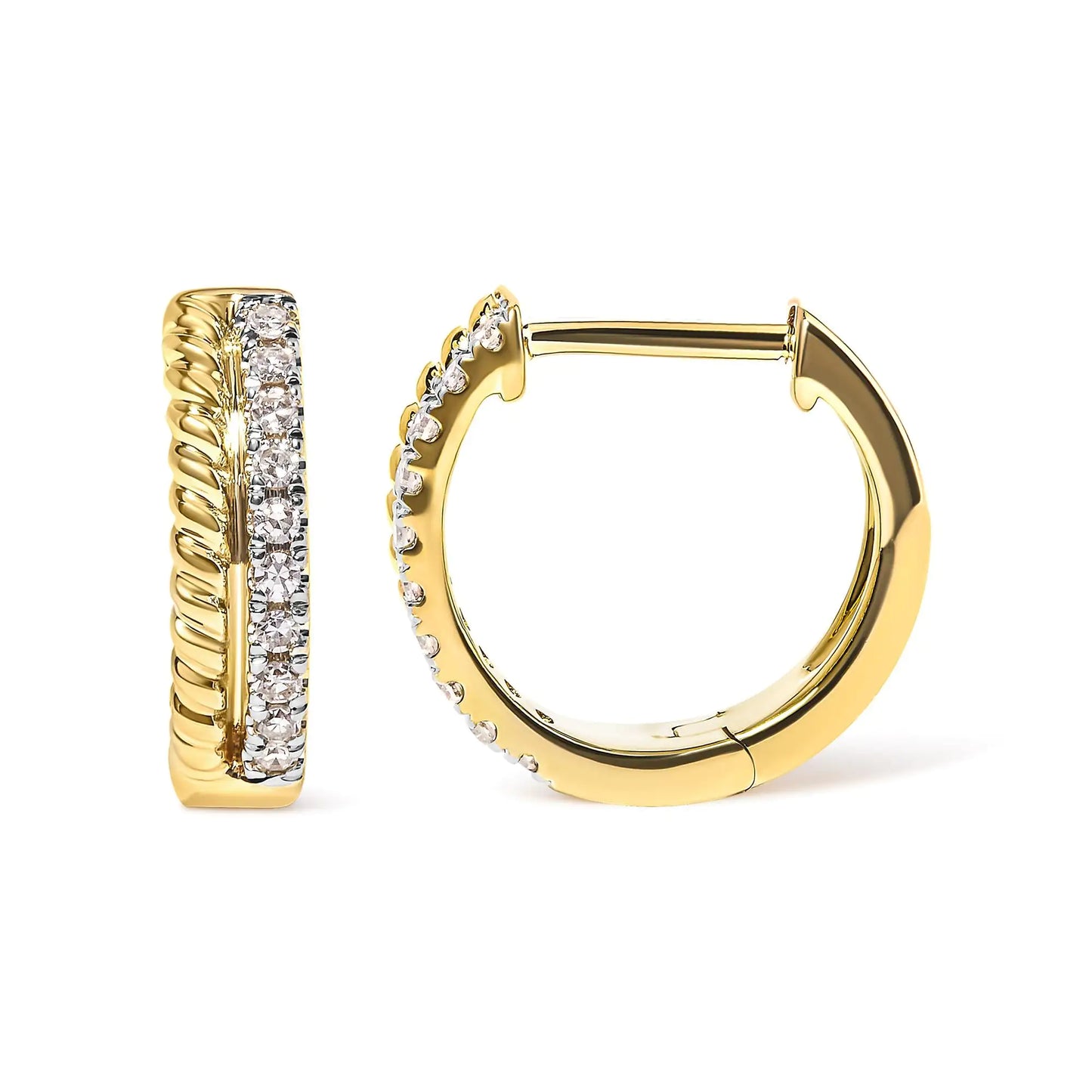 10K Yellow Gold 1/10 Cttw Diamond and Rope Twist Huggy Hoop Earrings