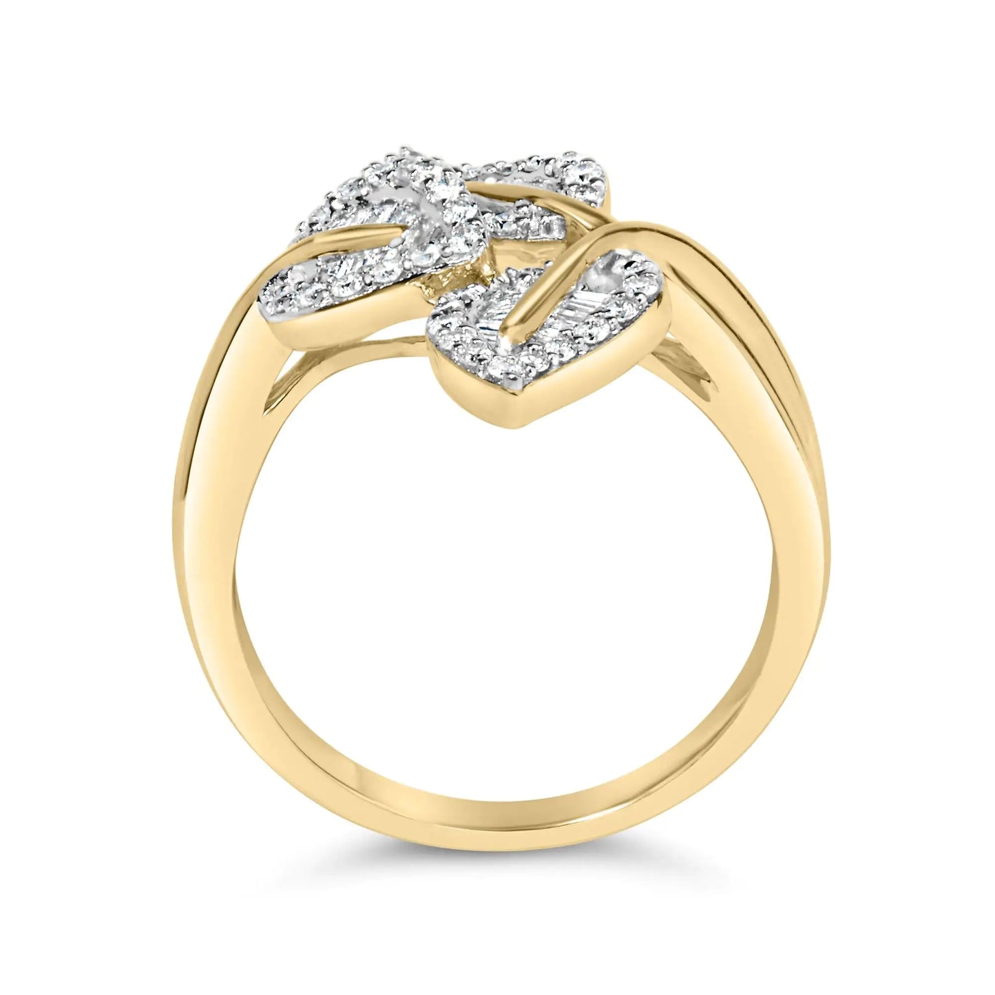 18K Yellow and White Gold Plated .925 Sterling Silver 3/8 Cttw Baguette and Round Diamond Bypass Triple Leaf Ring