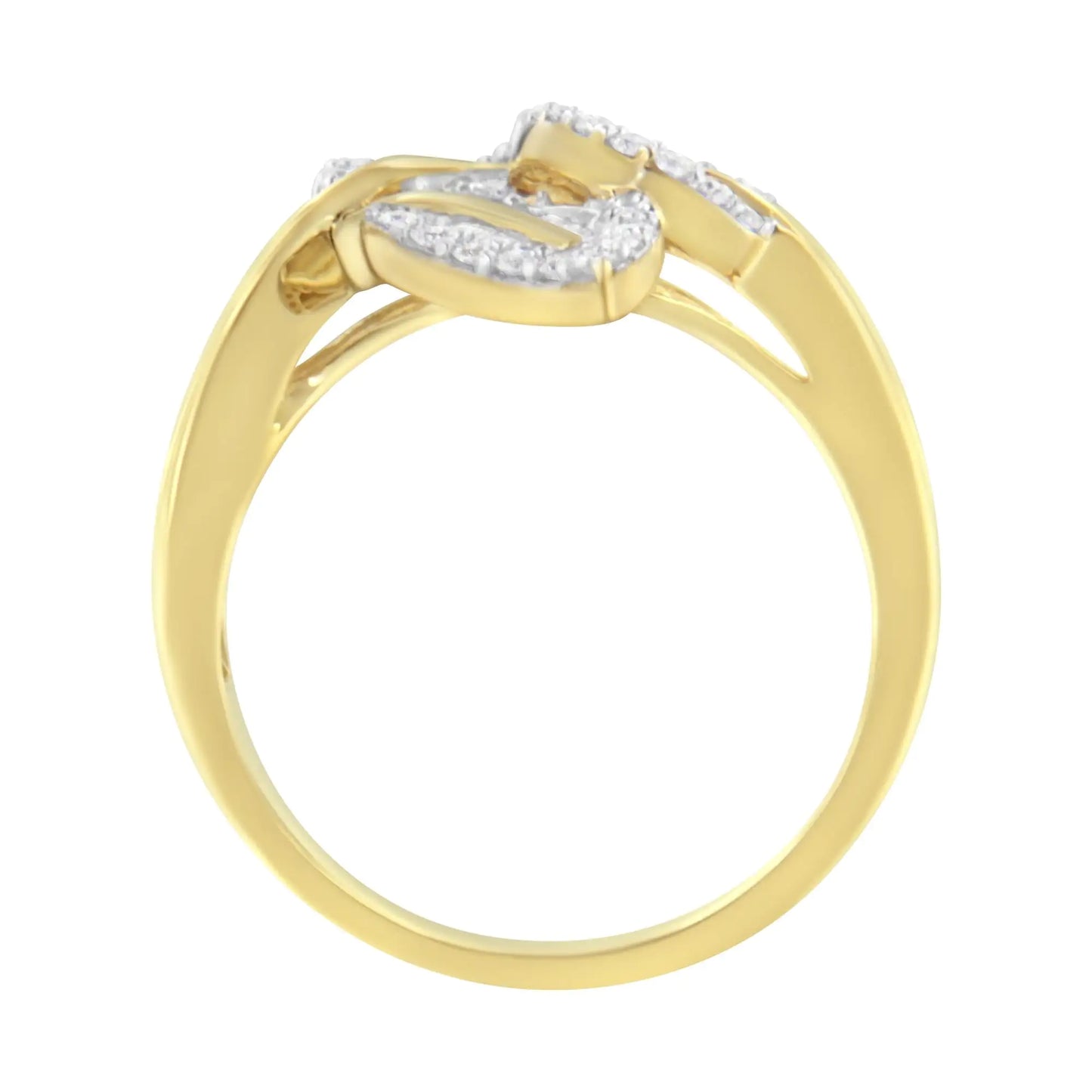 18K Yellow and White Gold Plated .925 Sterling Silver 3/8 Cttw Baguette and Round Diamond Bypass Triple Leaf Ring