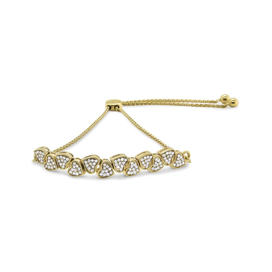 Yellow Gold Plated .925 Sterling Silver 1/2 Cttw Diamond Sideways Hearts Bolo Bracelet - 4”-10” Adjustable