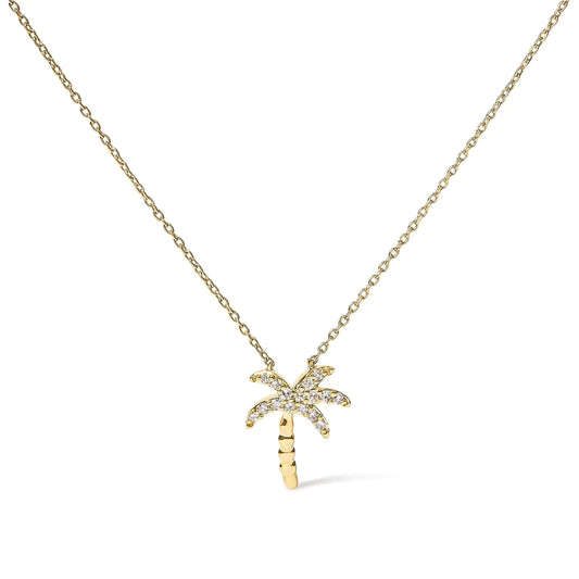 10K Yellow Gold 1/10 Cttw Round Diamond Palm Tree 18" Inch Pendant Necklace