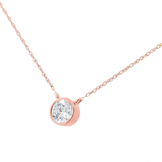 AGS Certified 10K Rose Gold 1/5 Cttw Bezel Set Round Diamond Solitaire 16-18" Adjustable Pendant Necklace