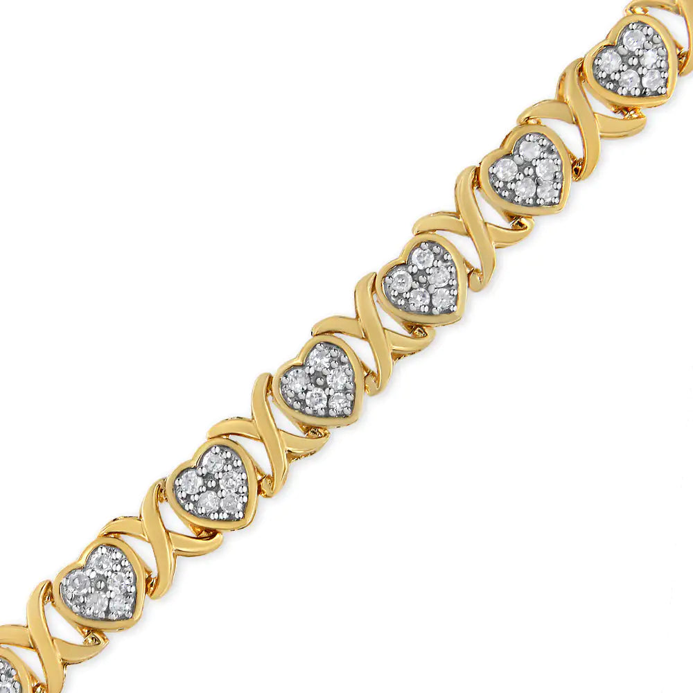 14KY Yellow Gold Plated .925 Sterling Silver 1.00 Cttw Diamond Heart and X Link Bracelet - 7.25" Inches