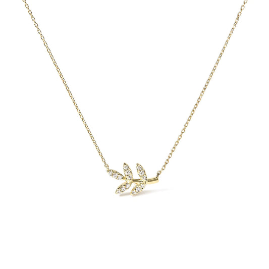 10K Yellow Gold 1/10 Cttw Diamond Leaf and Branch 18" Pendant Necklace