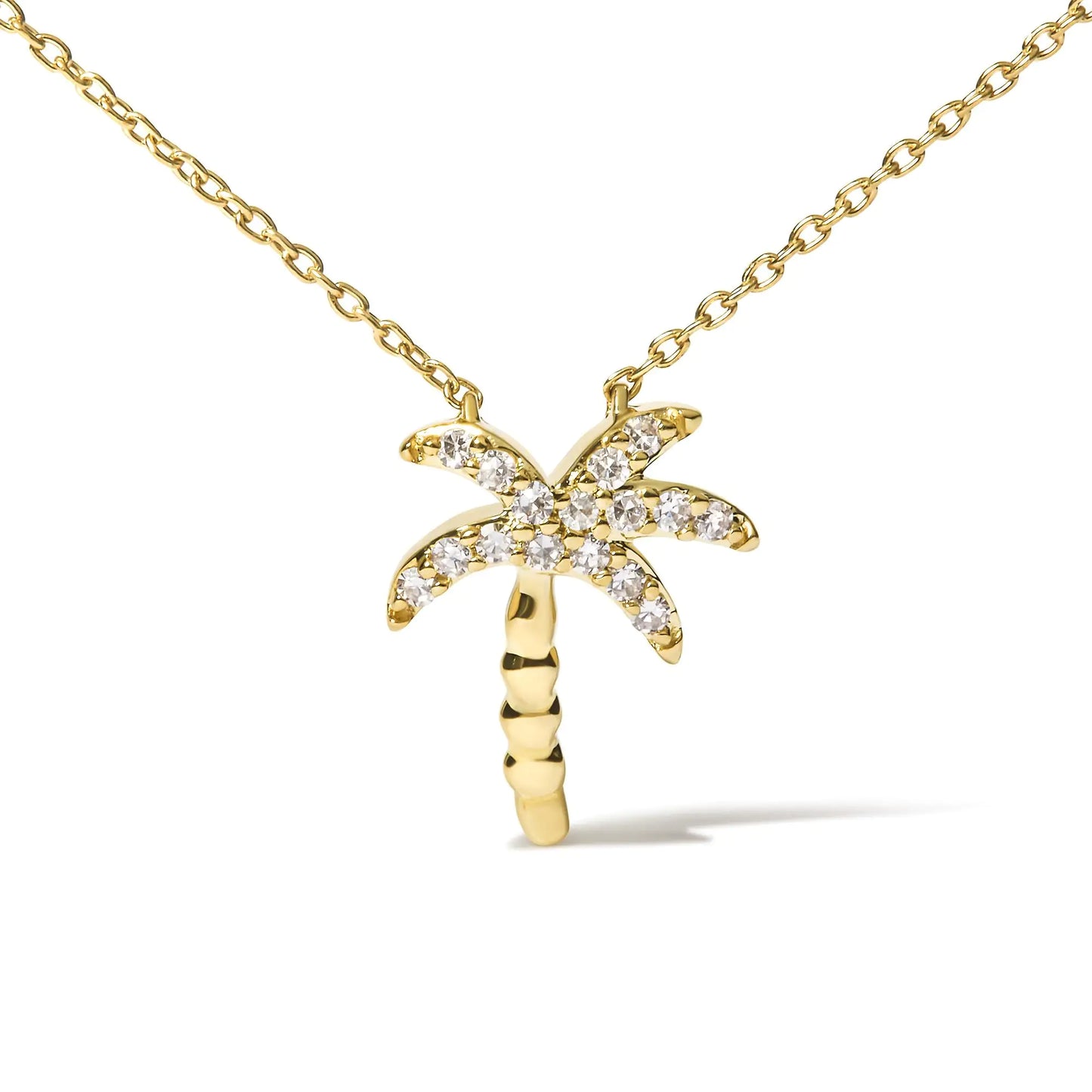 10K Yellow Gold 1/10 Cttw Round Diamond Palm Tree 18" Inch Pendant Necklace