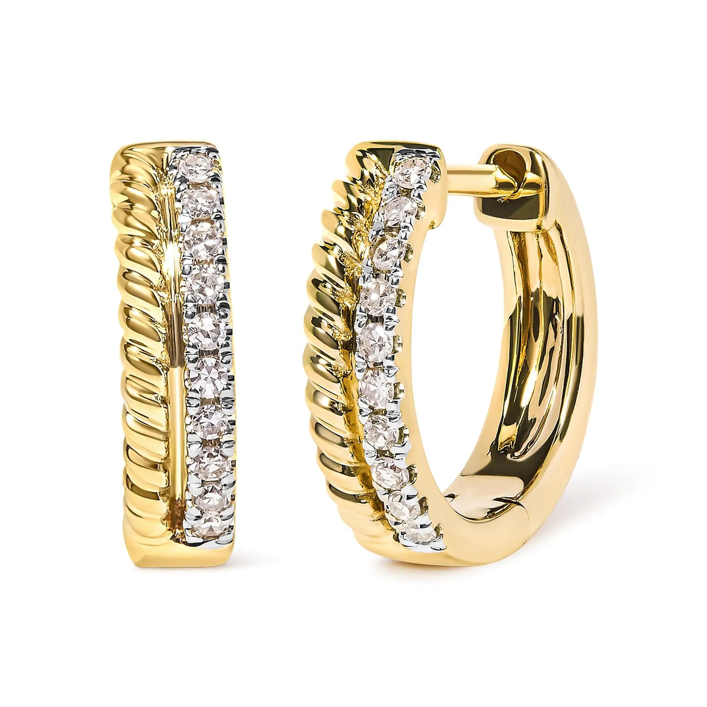 10K Yellow Gold 1/10 Cttw Diamond and Rope Twist Huggy Hoop Earrings