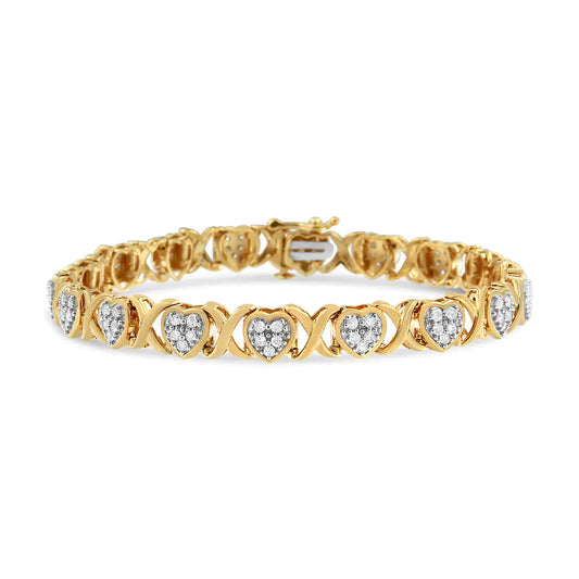 14KY Yellow Gold Plated .925 Sterling Silver 1.00 Cttw Diamond Heart and X Link Bracelet - 7.25" Inches