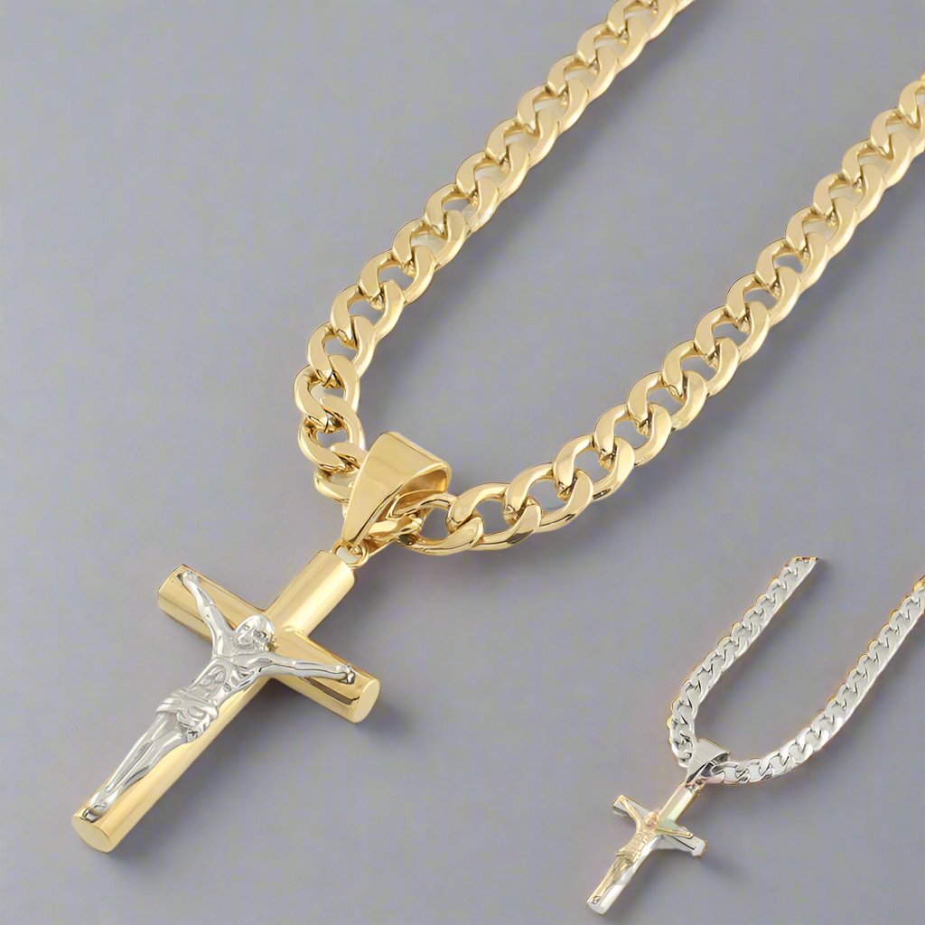 Men's Gold & Silver Plated Stainless Steel Cuban Chain Jesus Cross Pendant Necklace