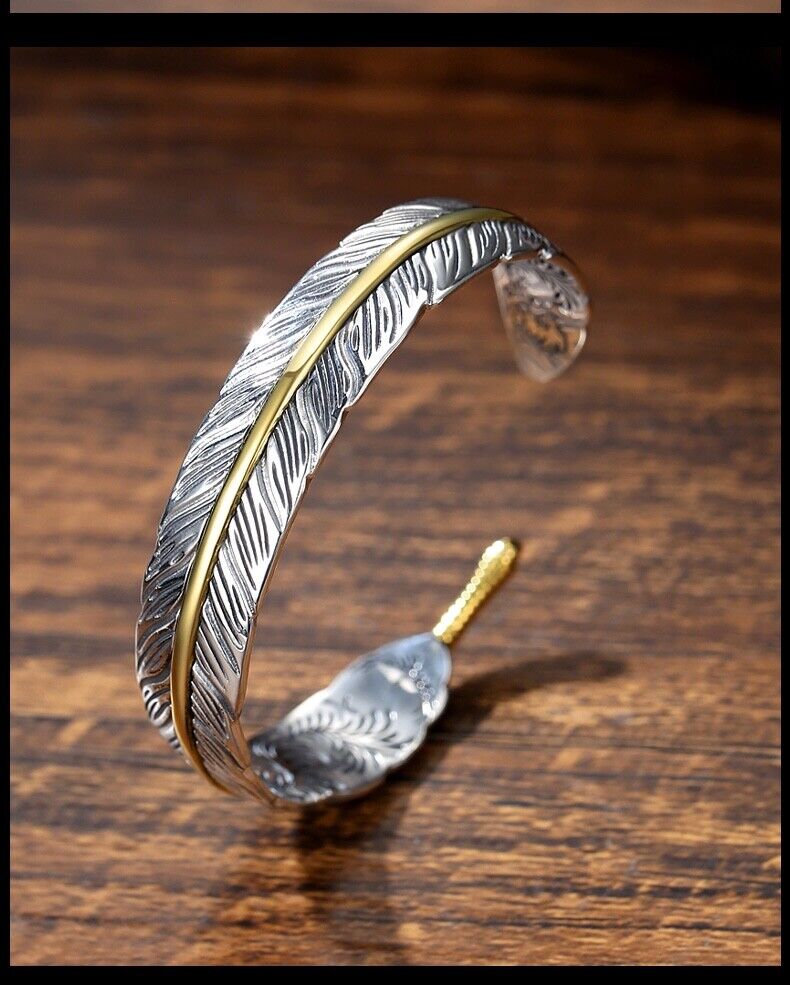 Men's Jewelry Silver Feather Adjustable Bangle Cuff Bracelet