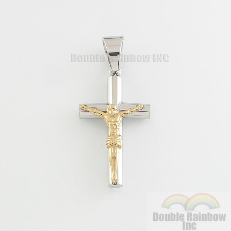 Men's Gold & Silver Plated Stainless Steel Cuban Chain Jesus Cross Pendant Necklace