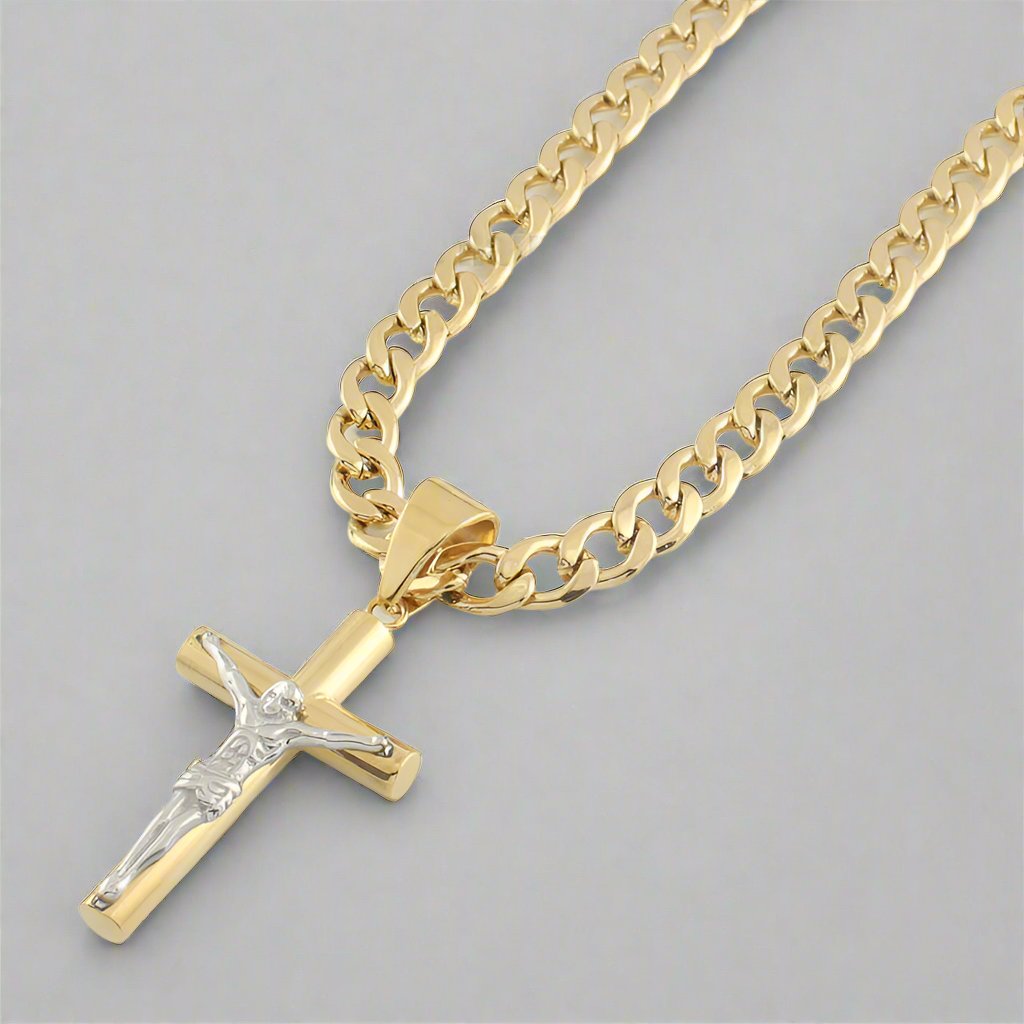 Men's Gold & Silver Plated Stainless Steel Cuban Chain Jesus Cross Pendant Necklace