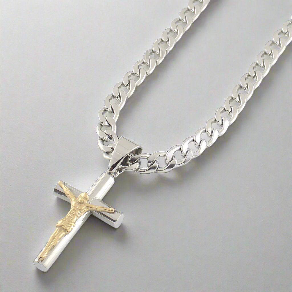 Men's Gold & Silver Plated Stainless Steel Cuban Chain Jesus Cross Pendant Necklace