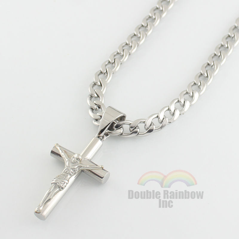 Men's Gold & Silver Plated Stainless Steel Cuban Chain Jesus Cross Pendant Necklace