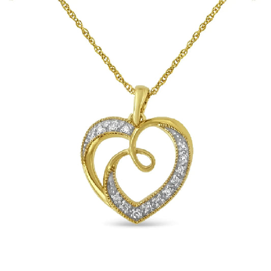 14K Yellow Gold Plated .925 Sterling Silver Diamond Accent Ribbon & Heart 18" Pendant Necklace