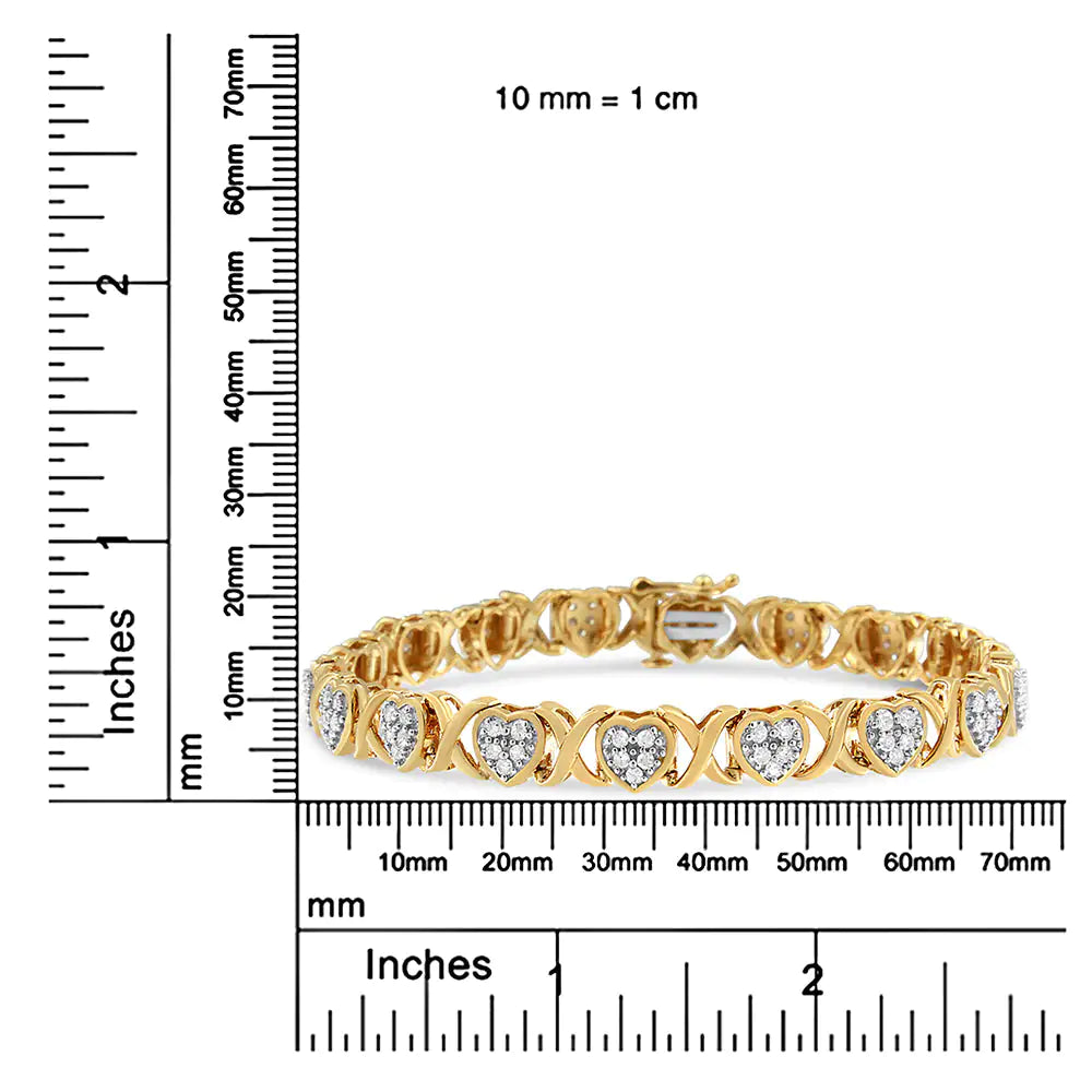 14KY Yellow Gold Plated .925 Sterling Silver 1.00 Cttw Diamond Heart and X Link Bracelet - 7.25" Inches