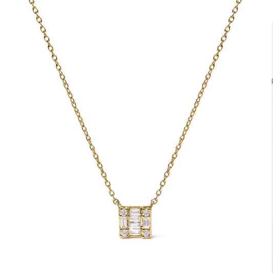 10K Yellow Gold 1/10 Cttw Round and Baguette Diamond Mosaic Composite Square 18" Inch Pendant Necklace