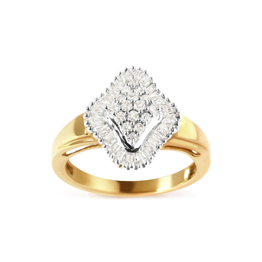 10K Yellow Gold 1/2 Cttw Round And Baguette-cut Diamond Rhombus Head and Halo Ring